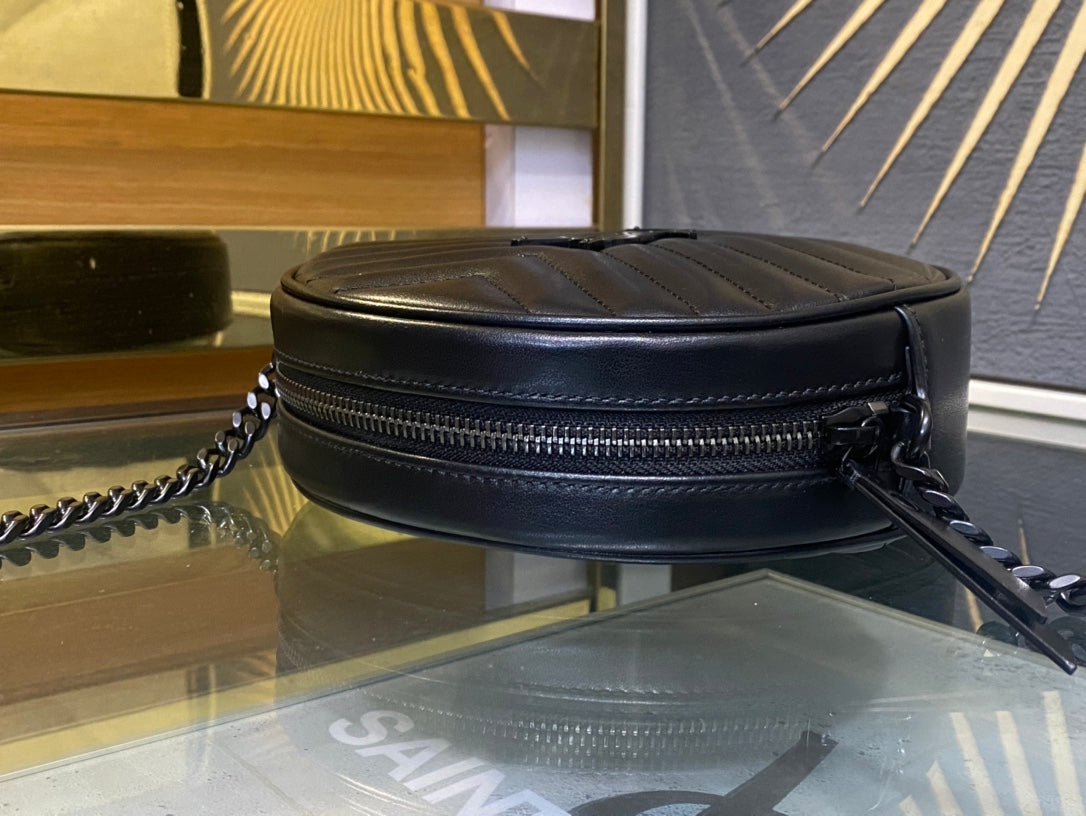 Saint Laurent Vinyle Round Camera Bag in Matelassé Grain de Poudre Embossed Leather