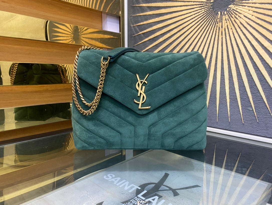 Saint Laurent Small Loulou Shoulder Bag in Quilted Green Suede