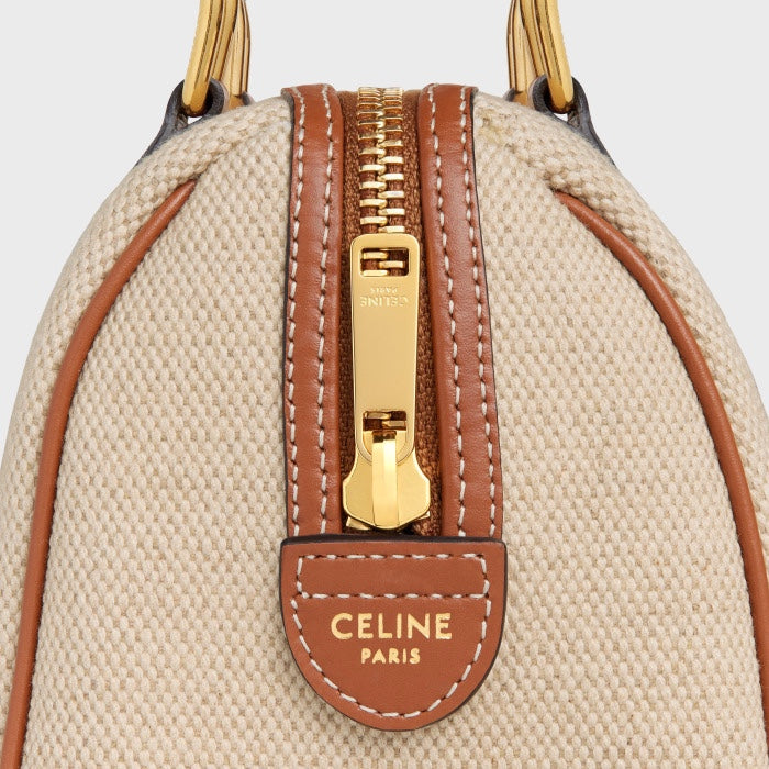 Celine Small Boston Bag in Textile with Cuir Triomphe - Beige/Tan