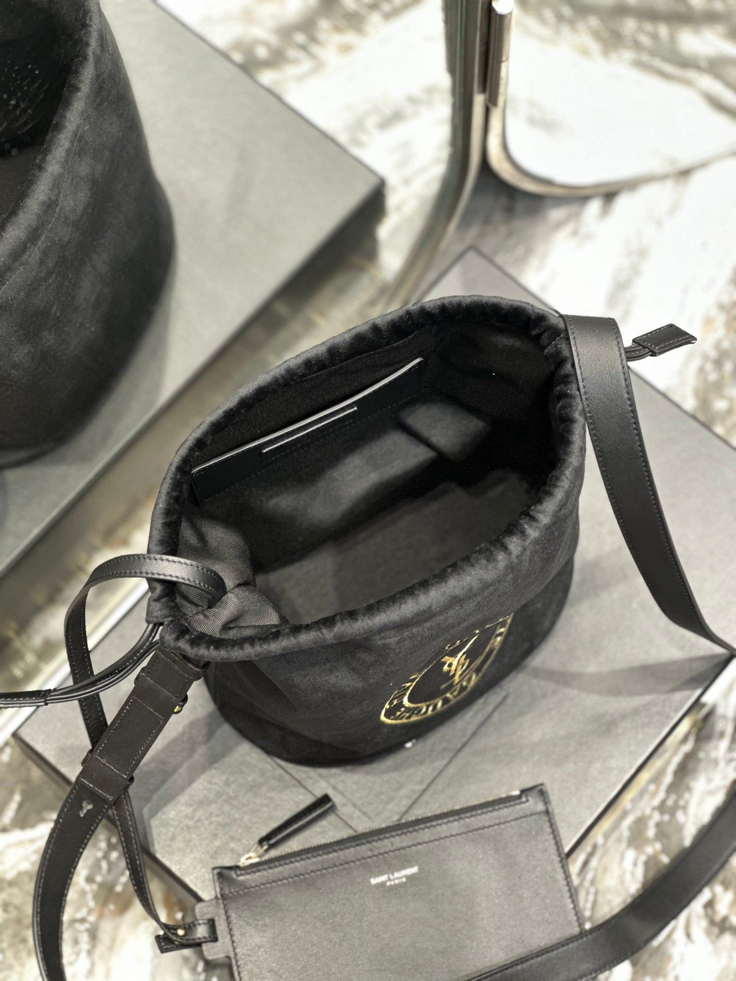 Saint Laurent Rive Gauche Black Canvas Bucket Bag with Pouch
