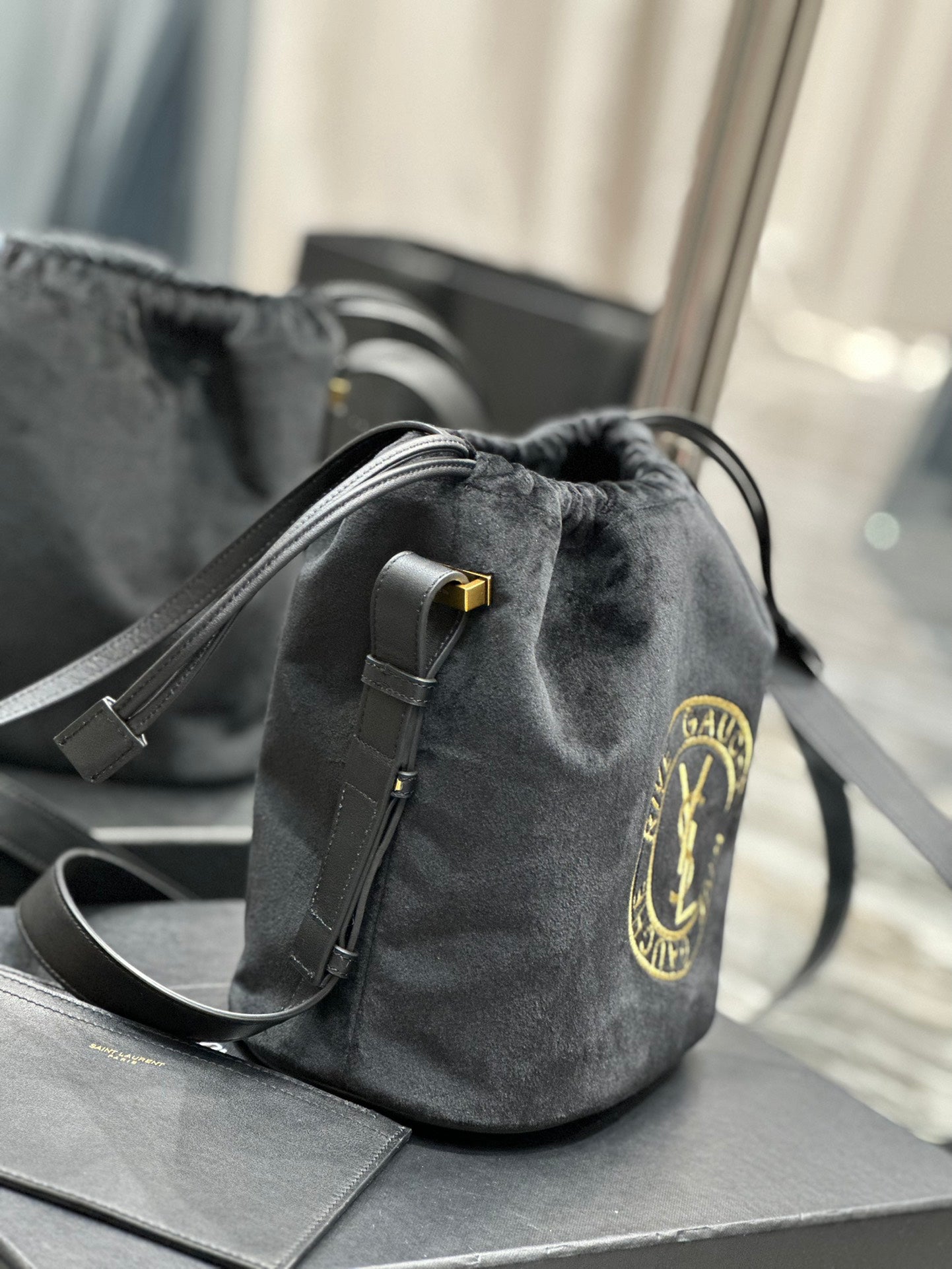 Saint Laurent Rive Gauche Black Canvas Bucket Bag with Pouch