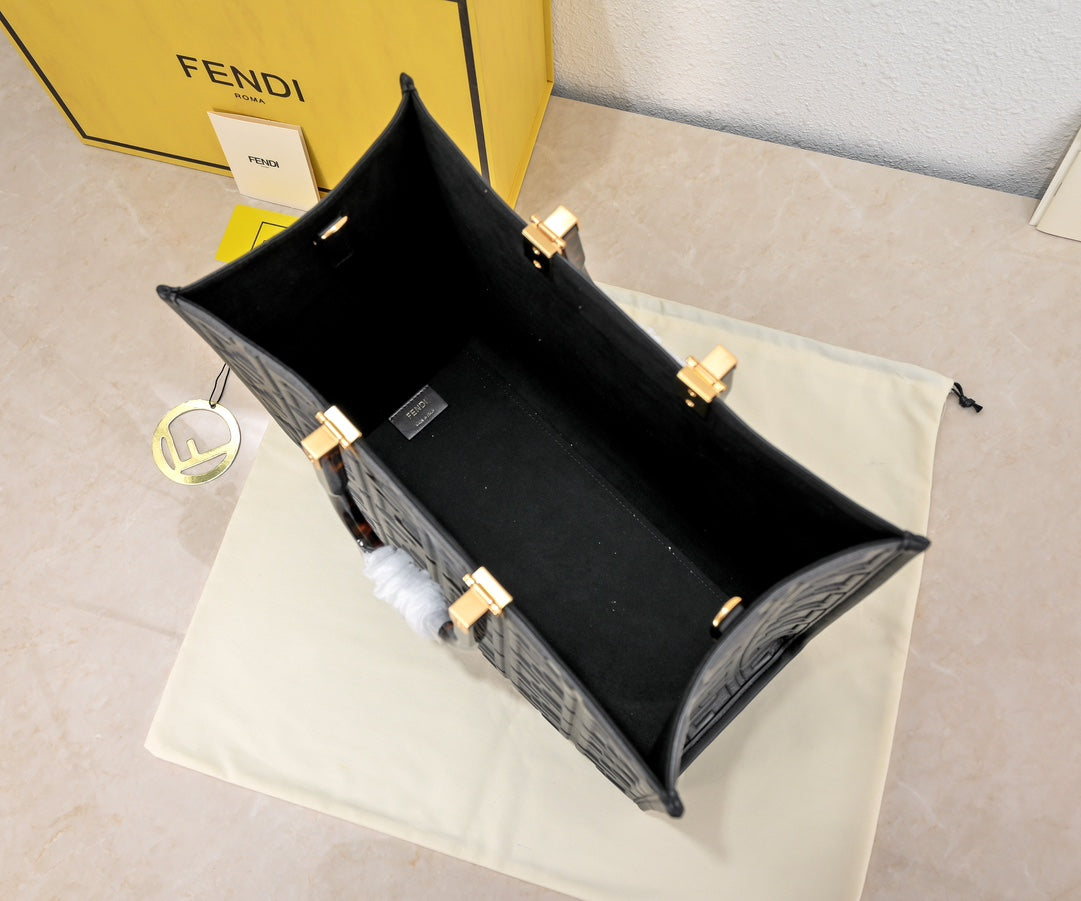 Fendi Sunshine Shopper Tote - Black Leather FF Embossed Bag