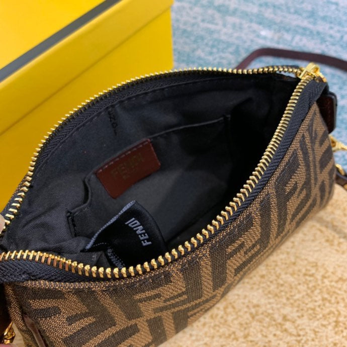 Fendi FF Zucca Canvas Small Shoulder Bag with Gold Chain and Long Strap