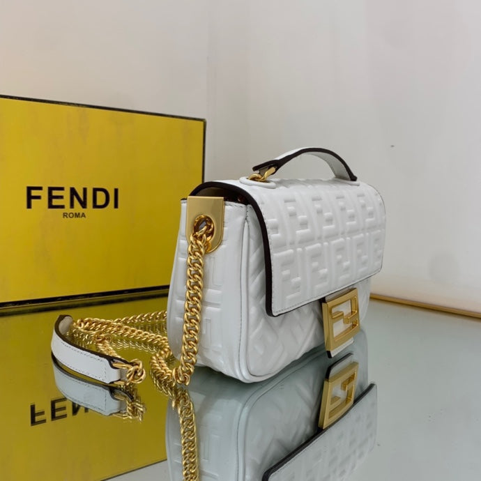 Fendi Baguette White Embossed FF Logo Leather Shoulder Bag with Gold Chain