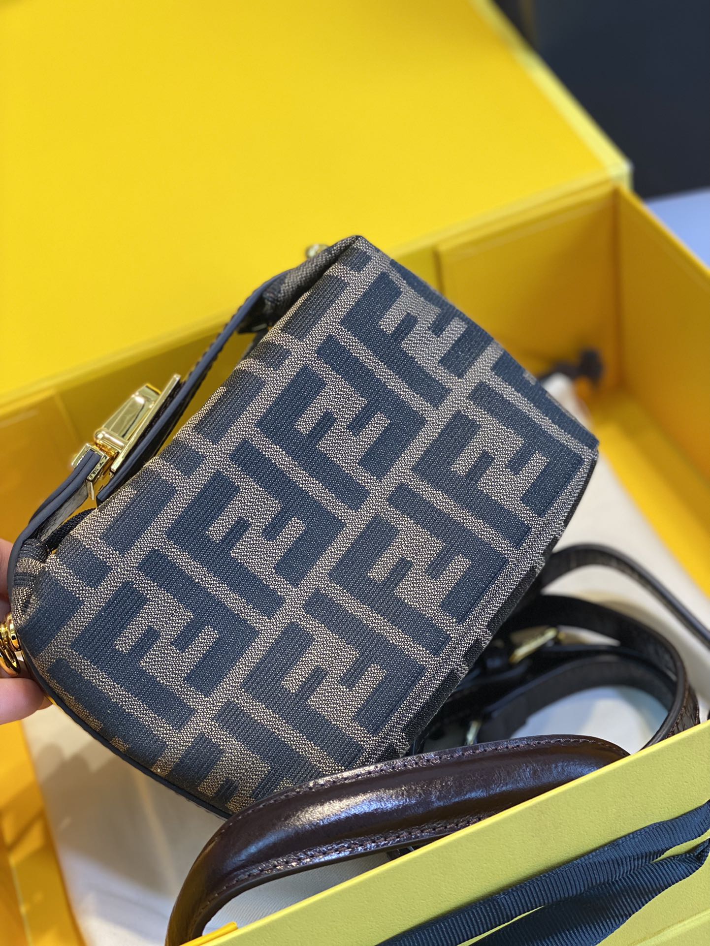 Luxury Designer Mini Baguette Bag with FF Logo Monogram - Brown Canvas