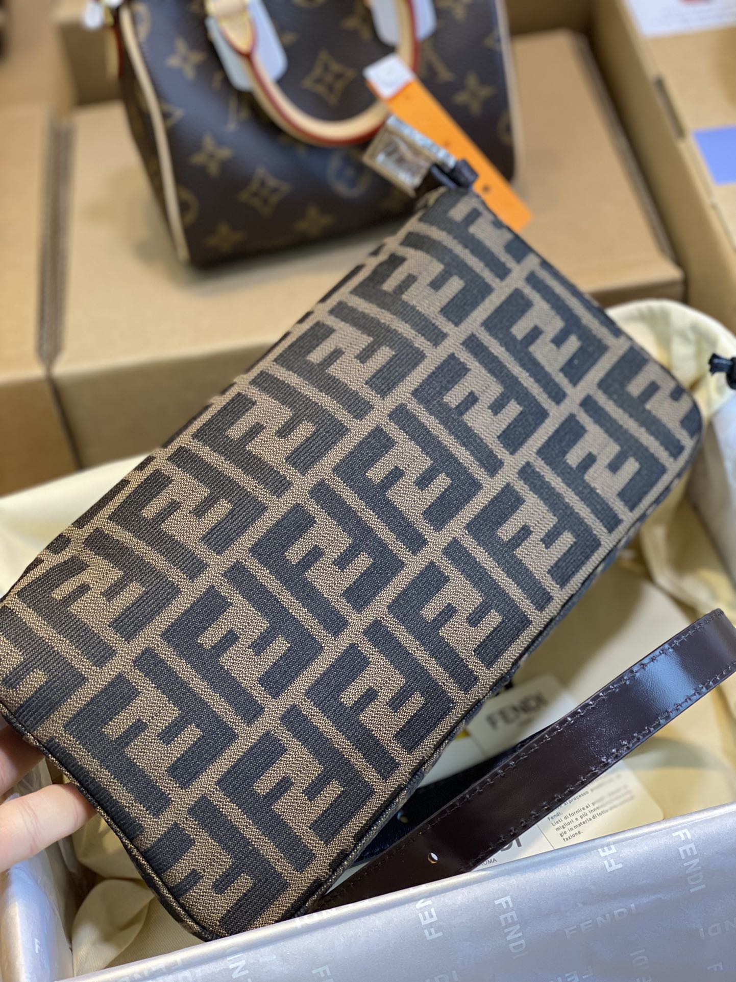 Fendi Zucca Canvas Baguette Shoulder Bag - Brown &amp; Silver
