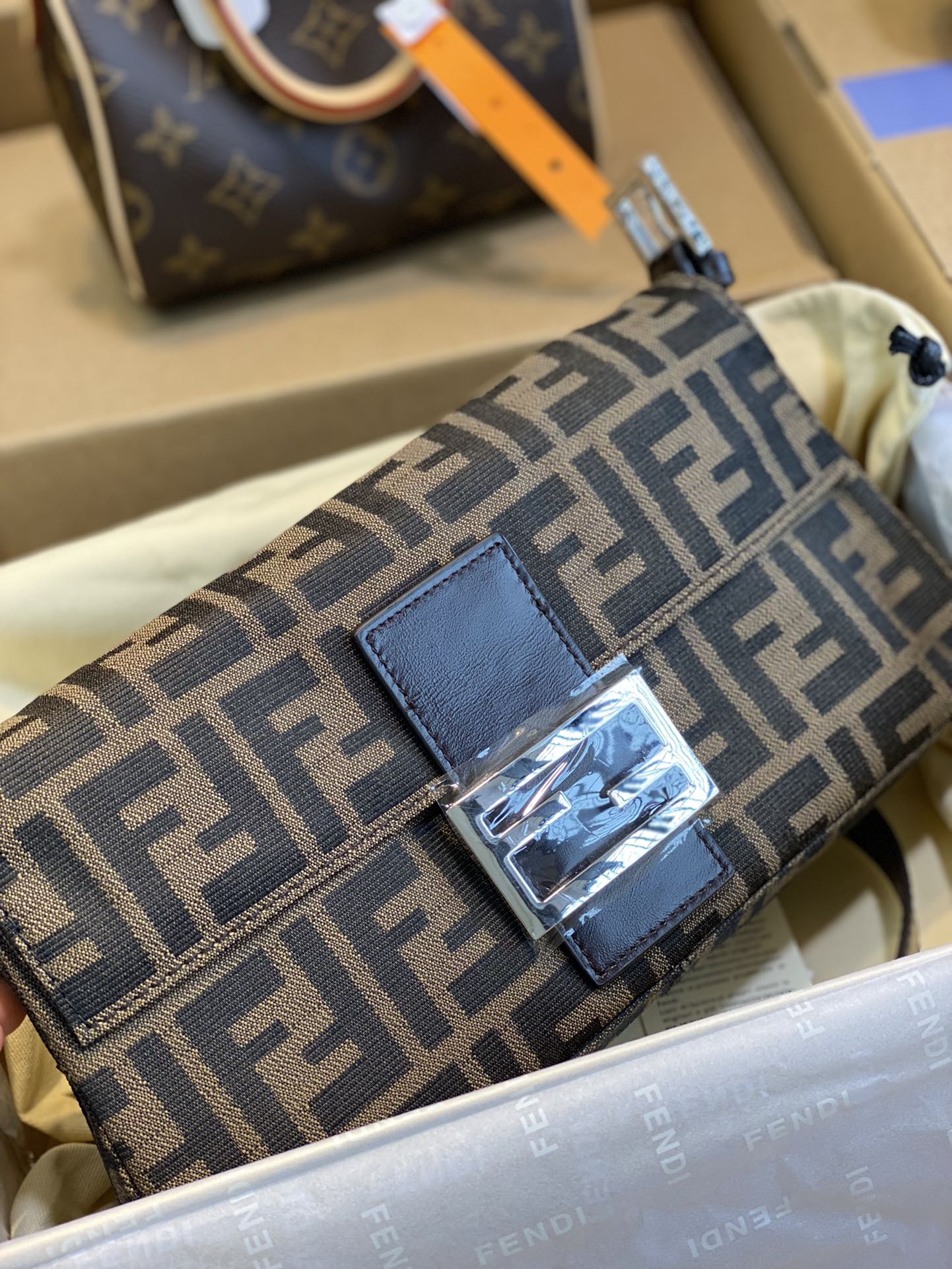 Fendi Zucca Canvas Baguette Shoulder Bag - Brown &amp; Silver