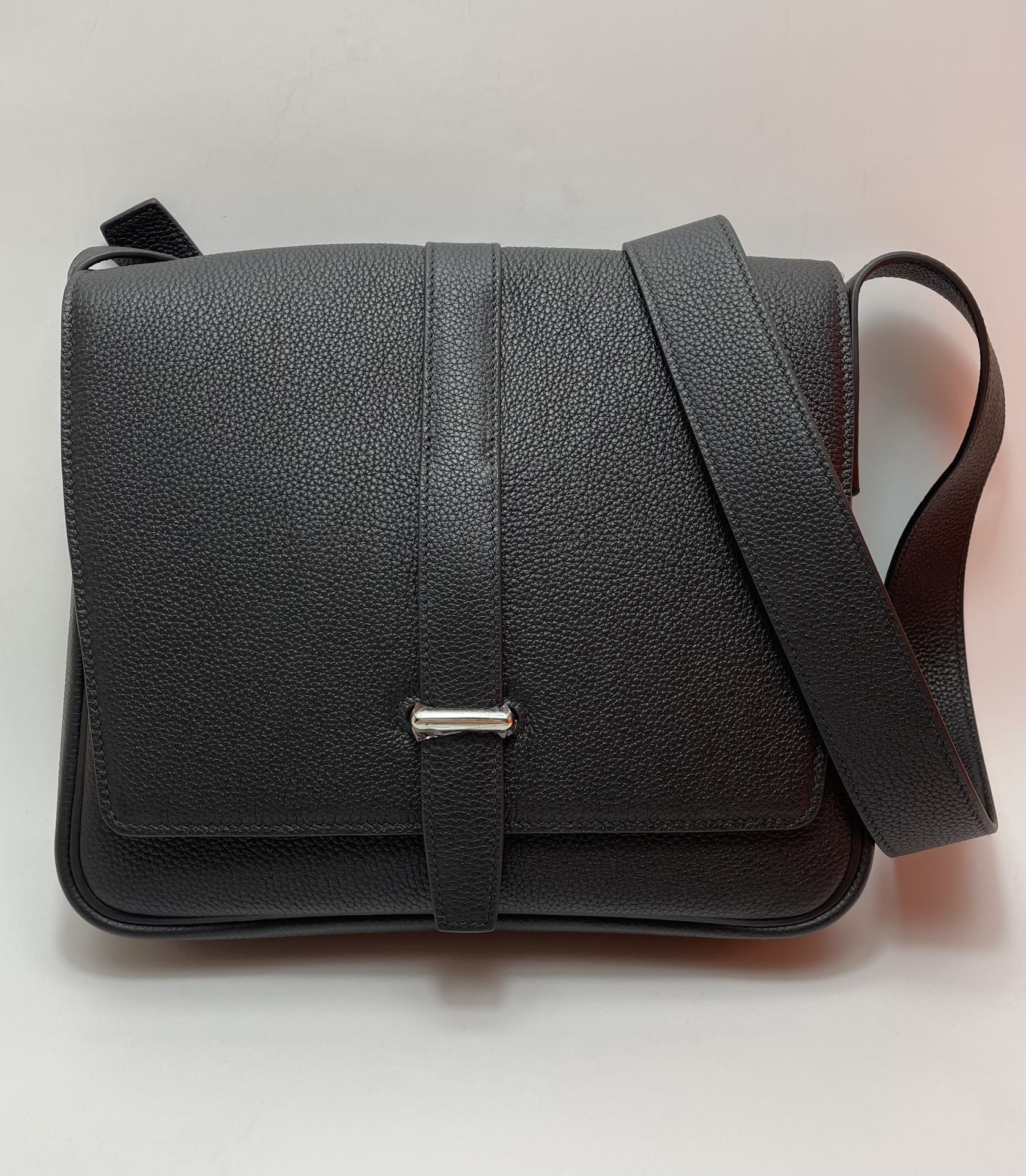 Black Pebbled Leather Messenger Bag with Adjustable Shoulder Strap