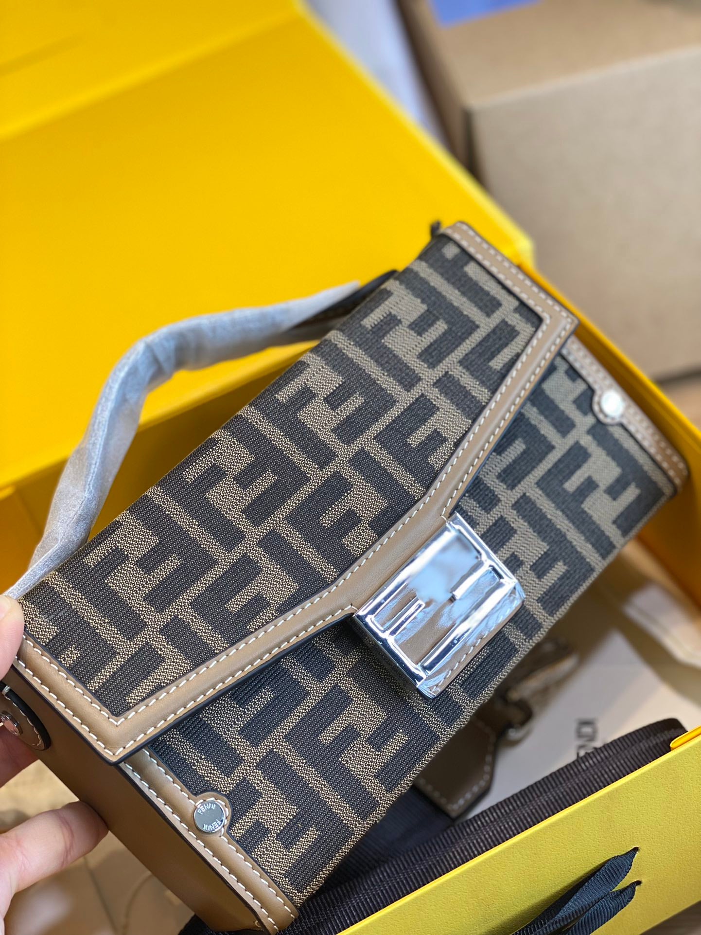 Fendi Brown Zucca Canvas Kan I Shoulder Bag with Silver-Tone Hardware