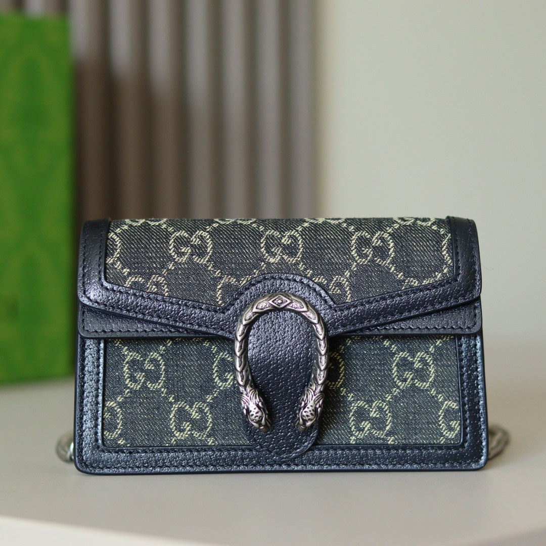 Gucci Dionysus GG Supreme Canvas Super Mini Bag with Blue Leather Trim