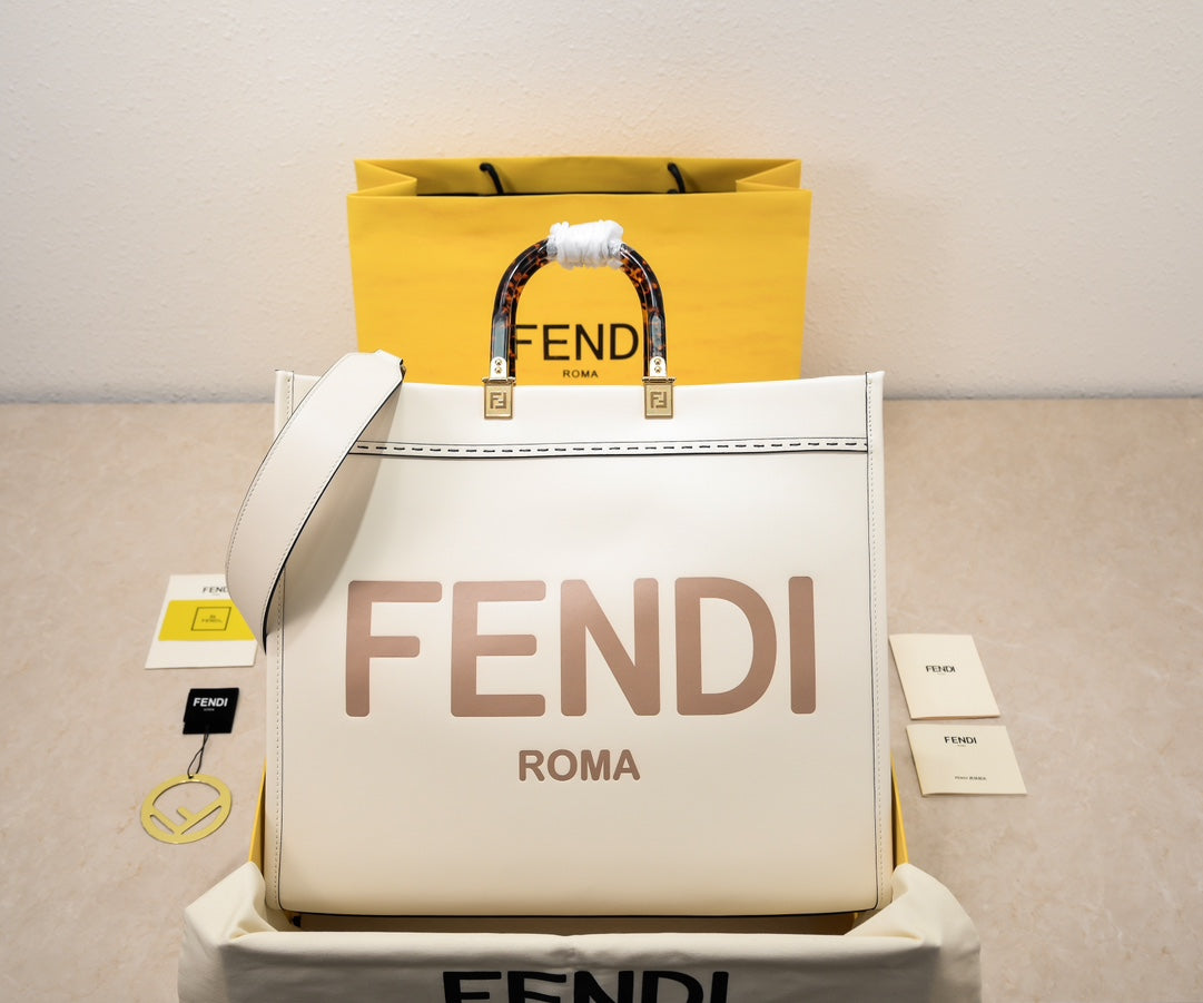 Fendi Sunshine Large Sunshine Shopper Bag - Cream Canvas with Tortoiseshell Handles