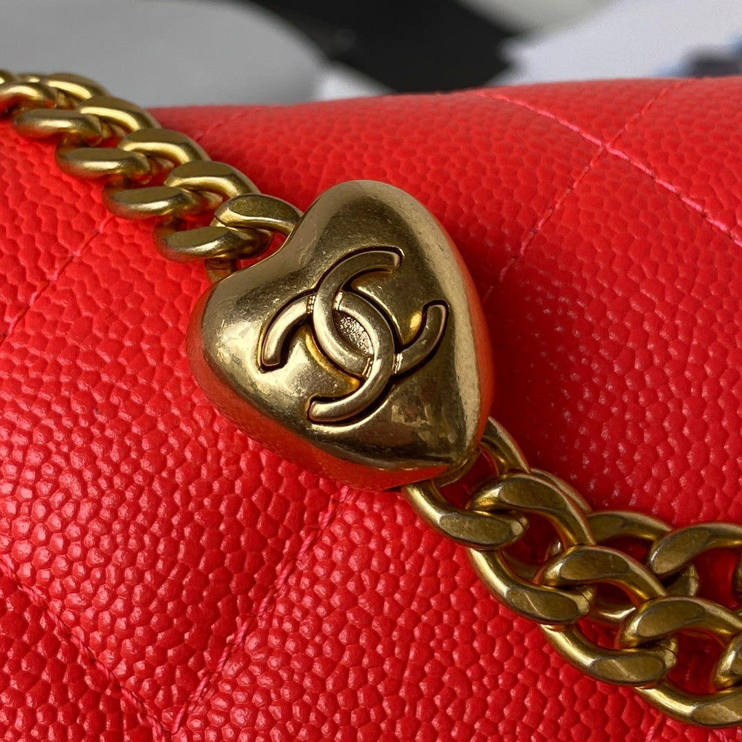 Chanel Lambskin Quilted Mini Flap Bag with Heart Slider Chain - Coral