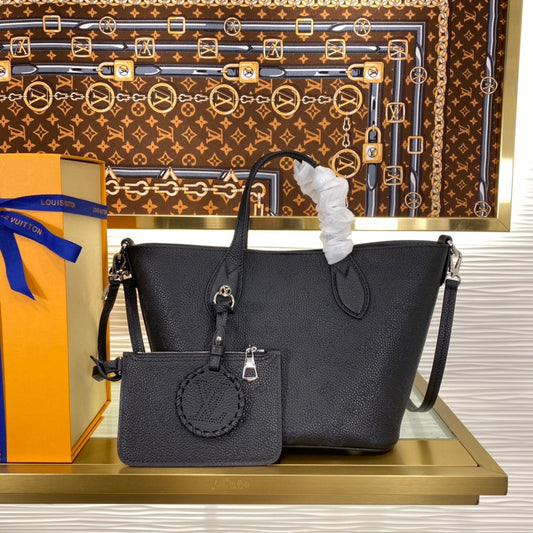 Louis Vuitton Elegant Dark Grey Embossed Leather Tote Handbag and Pouch Set