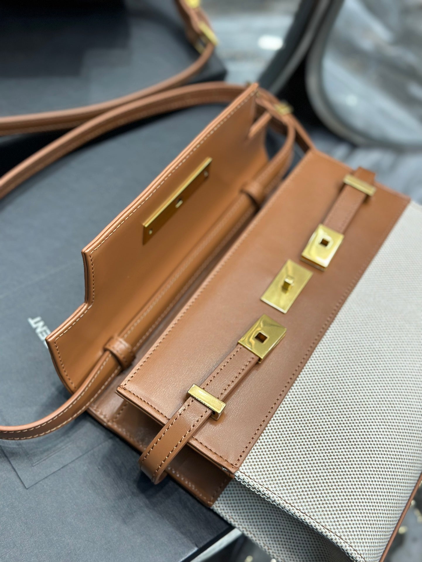 Saint Laurent Manhattan Small Shoulder Bag in Two-Tone Brown and Cream Leather