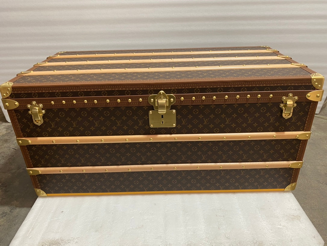 Vintage Luxury Monogram Travel Trunk with Wood Slats and Gold Hardware