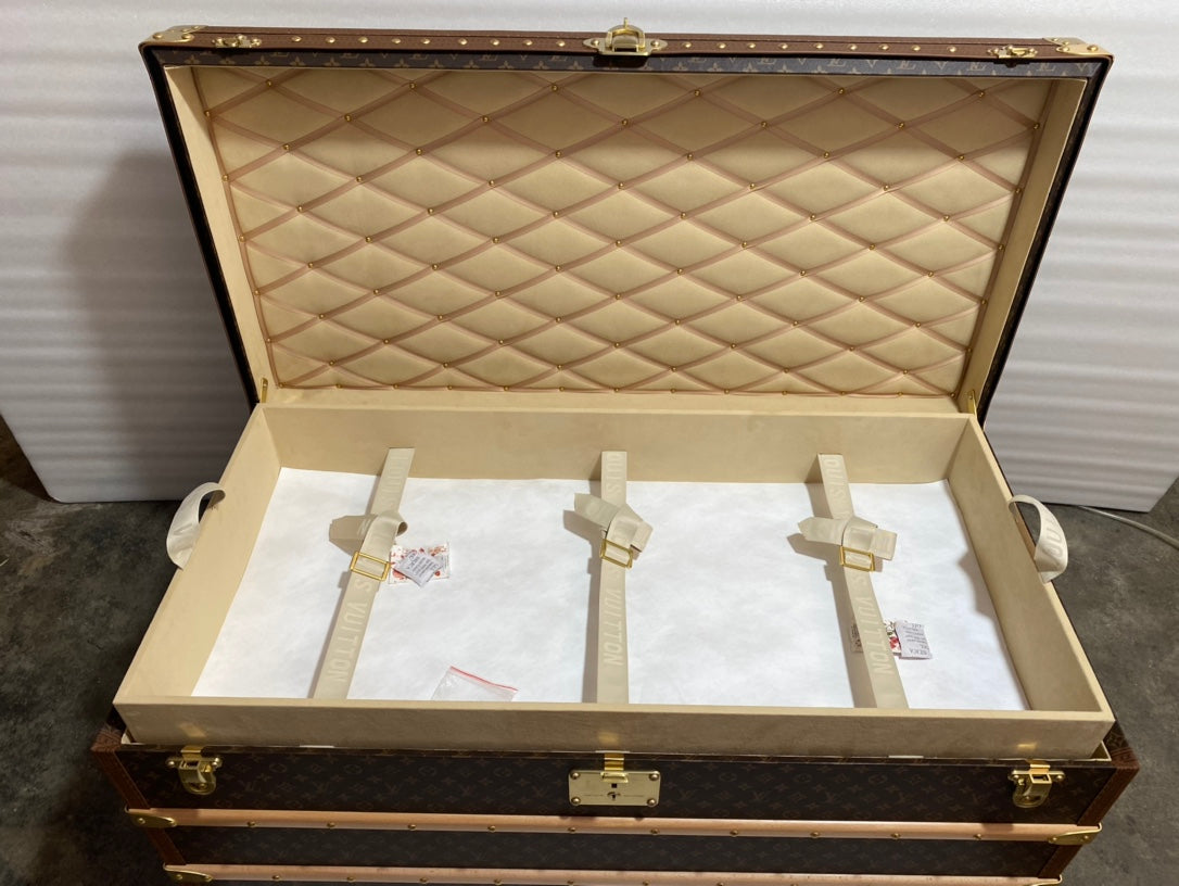 Vintage Luxury Monogram Travel Trunk with Wood Slats and Gold Hardware