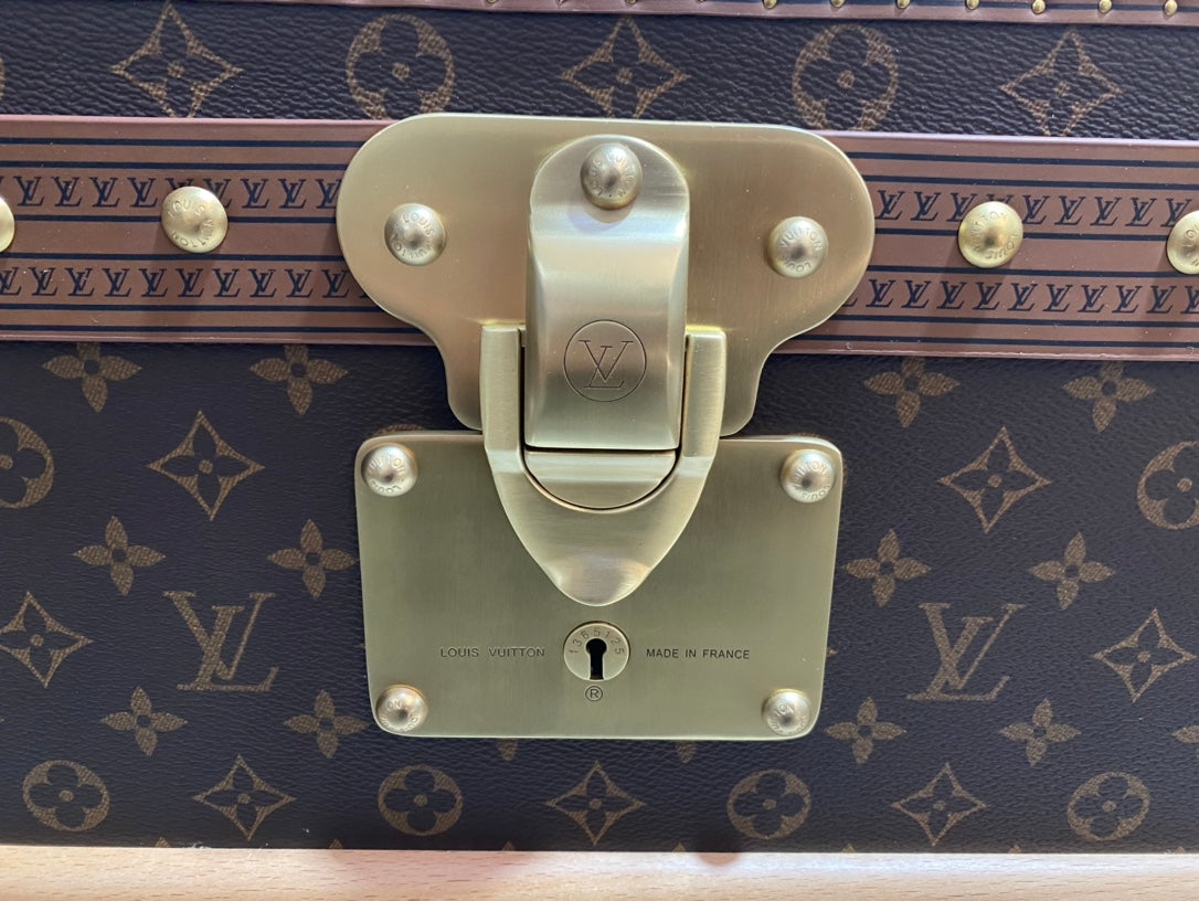 Vintage Luxury Monogram Travel Trunk with Wood Slats and Gold Hardware