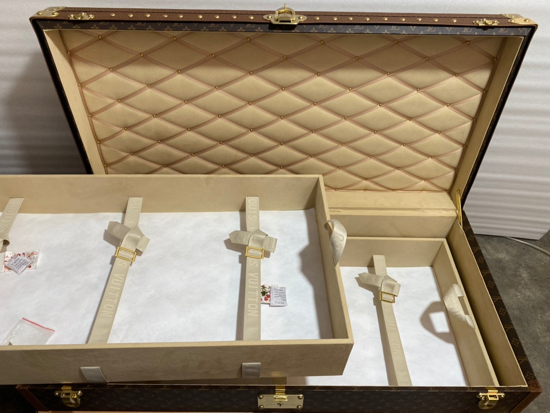 Vintage Luxury Monogram Travel Trunk with Wood Slats and Gold Hardware