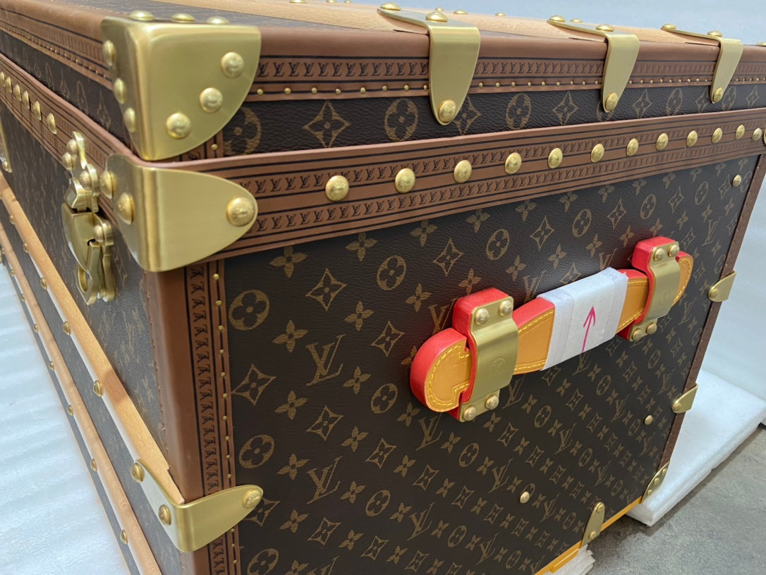 Vintage Luxury Monogram Travel Trunk with Wood Slats and Gold Hardware