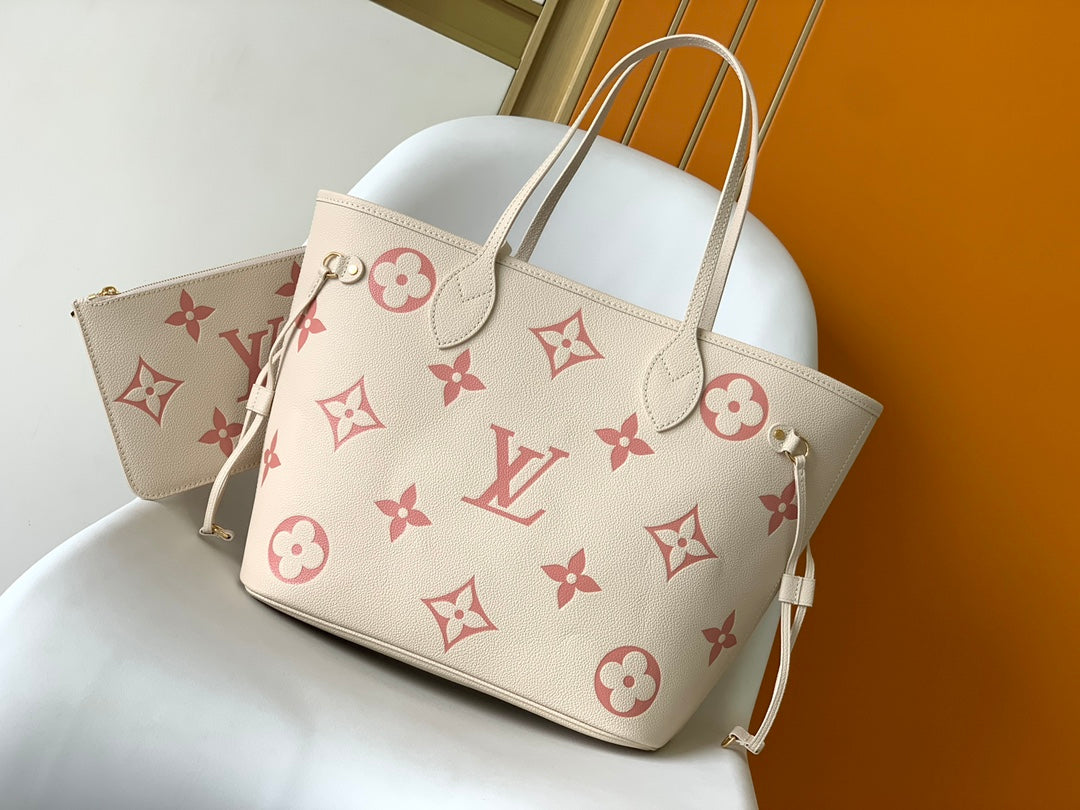 Louis Vuitton Classic Beige Leather Tote Bag with Pink Monogram Pattern