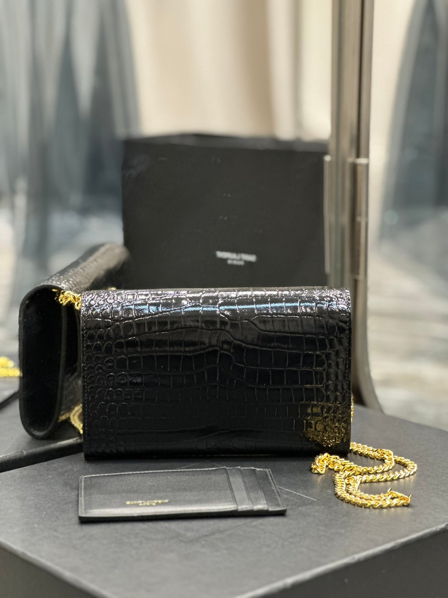Saint Laurent YSL Black Crocodile-Embossed Leather Wallet on Chain with Cardholder