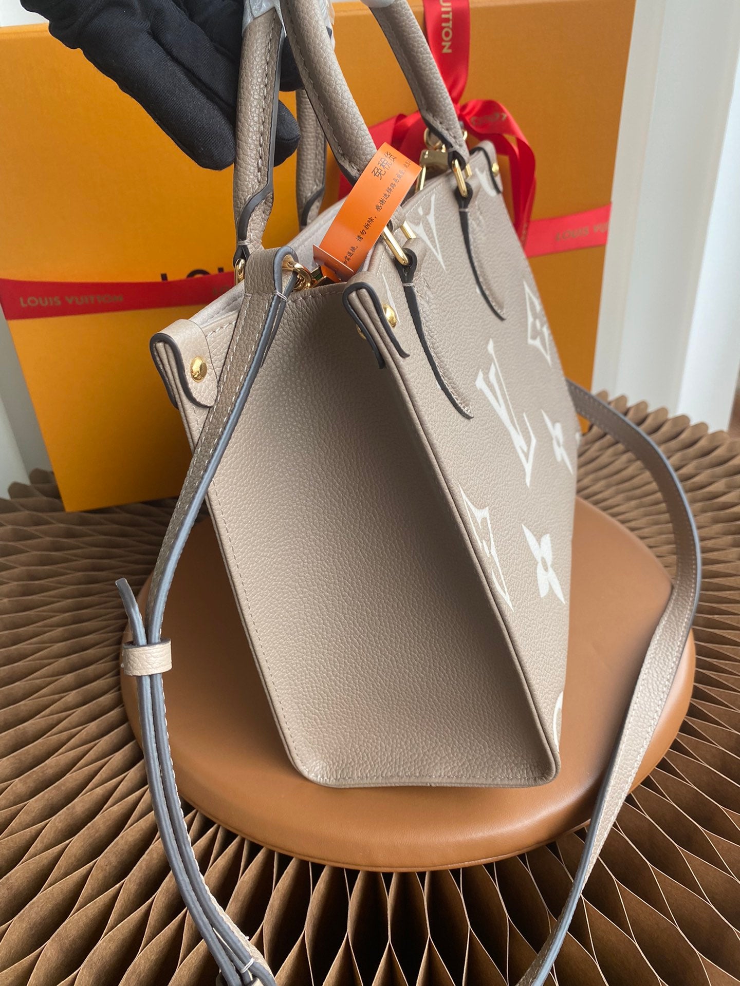 Louis Vuitton Taupe Textured Leather Monogram Tote Bag with Top Handles