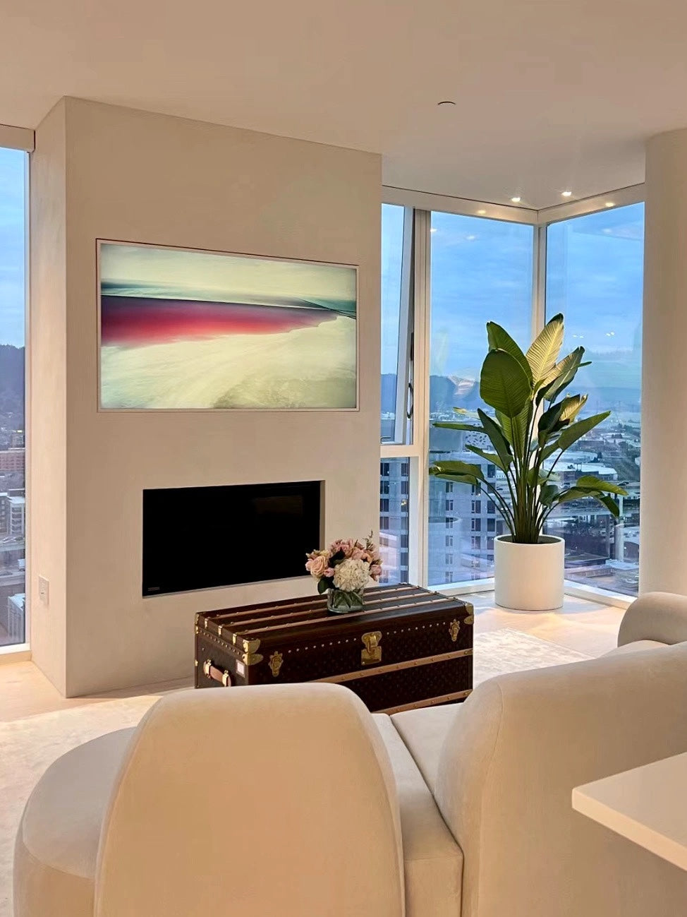 Vintage Trunk Coffee Table with Monogram Pattern and Glass Top