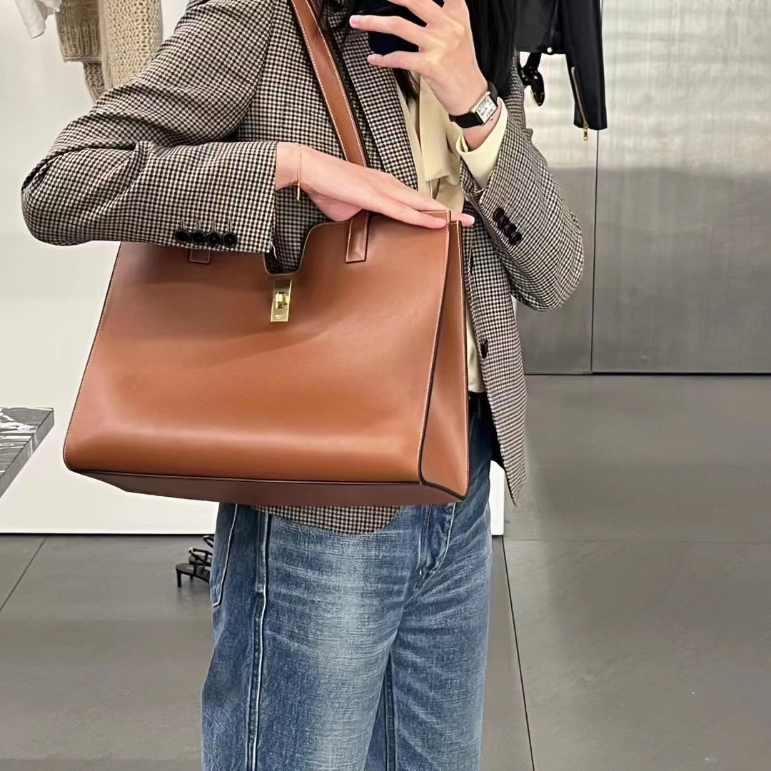 Large Brown Leather Tote Bag with Gold-Tone Clasp and Shoulder Straps for Women