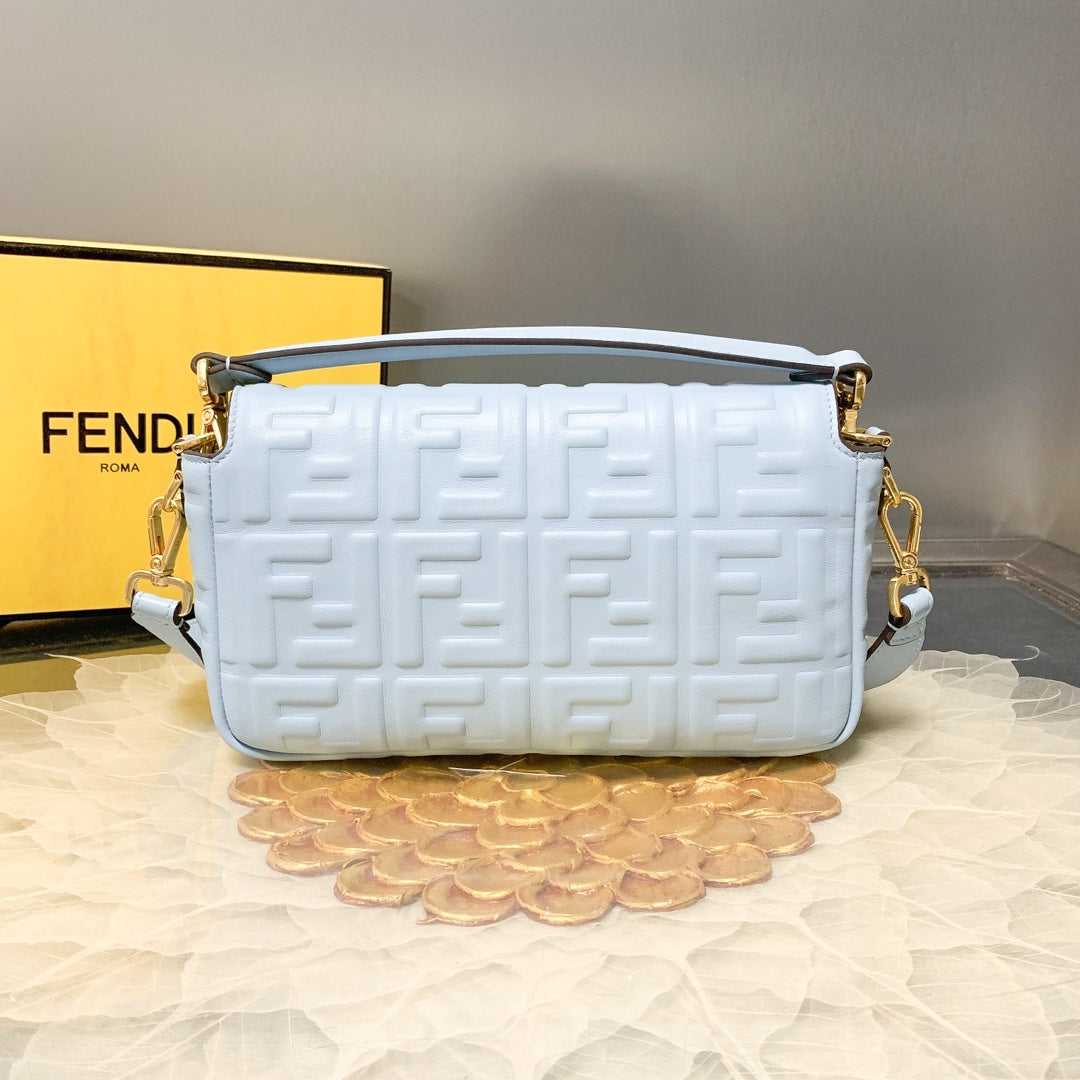 Fendi Light Blue FF Embossed Leather Baguette Bag with Gold Hardware