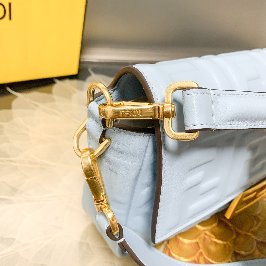 Fendi Light Blue FF Embossed Leather Baguette Bag with Gold Hardware