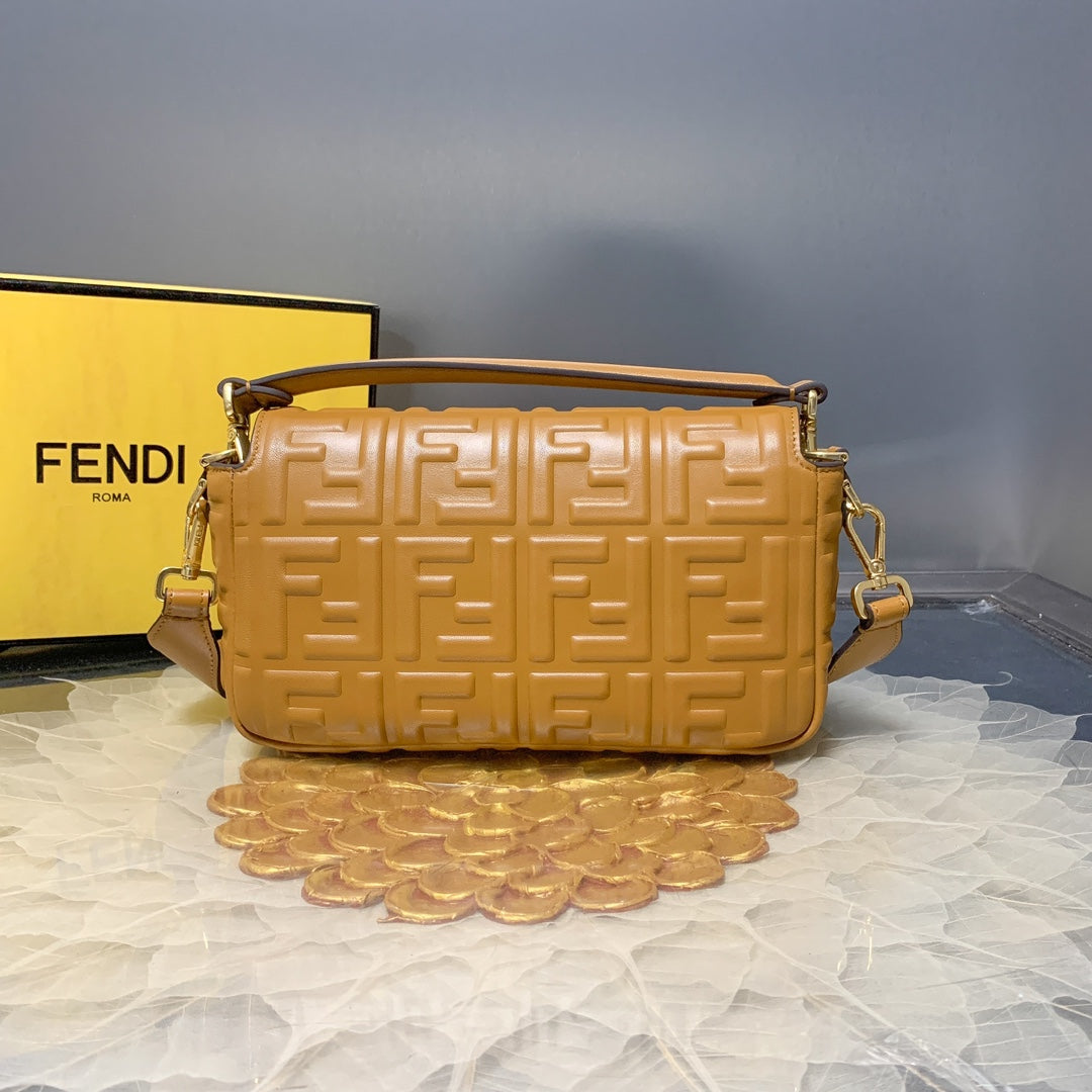 Fendi Baguette Medium Embossed Leather Shoulder Bag - Tan