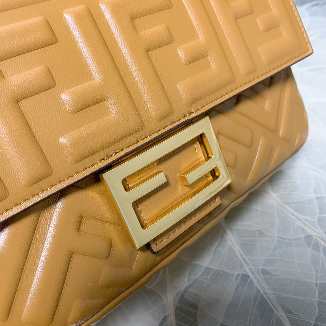 Fendi Baguette Medium Embossed Leather Shoulder Bag - Tan
