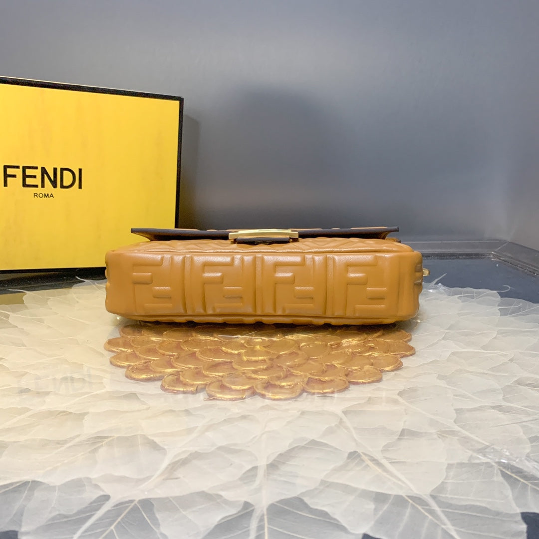 Fendi Baguette Medium Embossed Leather Shoulder Bag - Tan