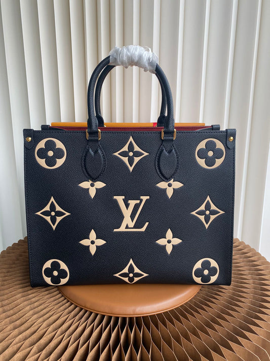 Louis Vuitton Luxury Black Leather Tote Bag with Gold Monogram Pattern