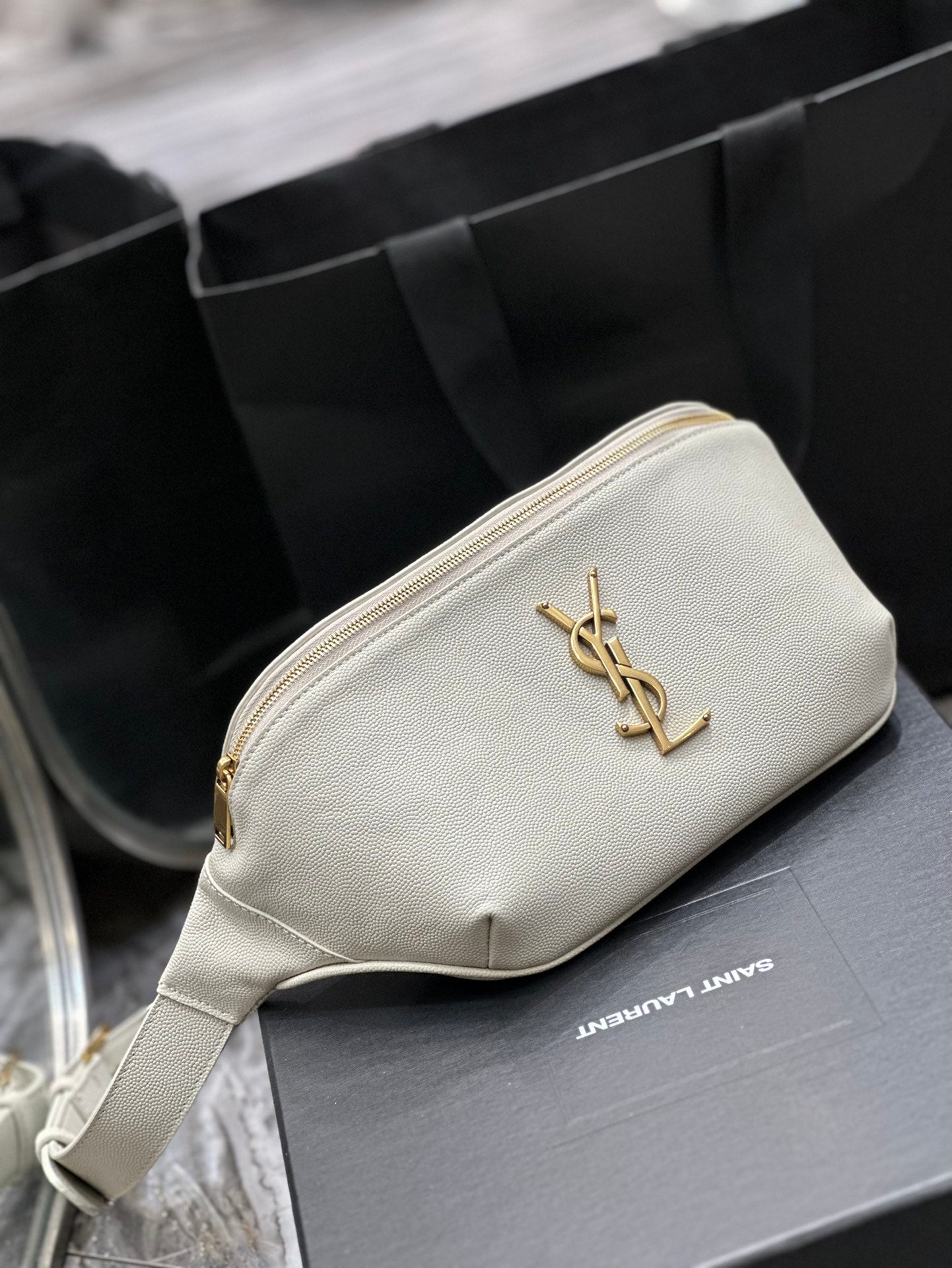 Saint Laurent Cassandre Leather Belt Bag - White with Gold-Tone Hardware