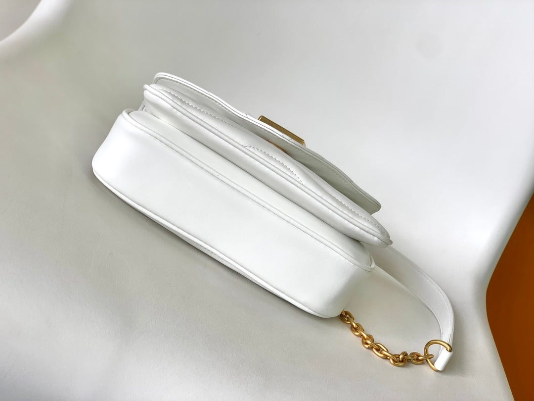 Louis Vuitton Elegant White Chevron Quilted Leather Handbag with Gold Chain