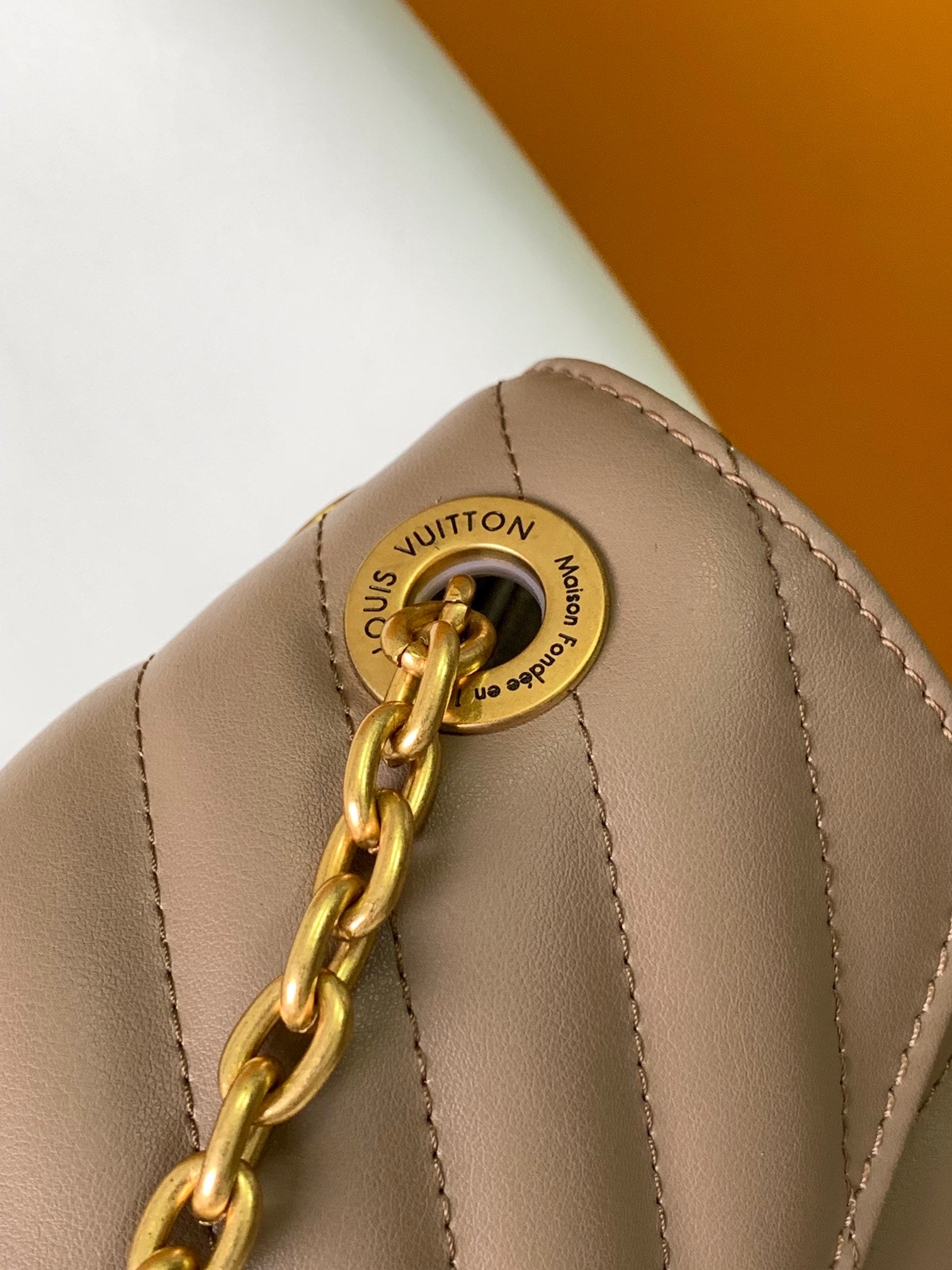 Louis Vuitton Taupe Quilted Leather Crossbody Flap Bag with Gold Chain Strap