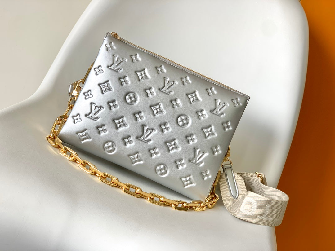 Louis Vuitton Metallic Silver Embossed Shoulder Bag with Chunky Chain Strap