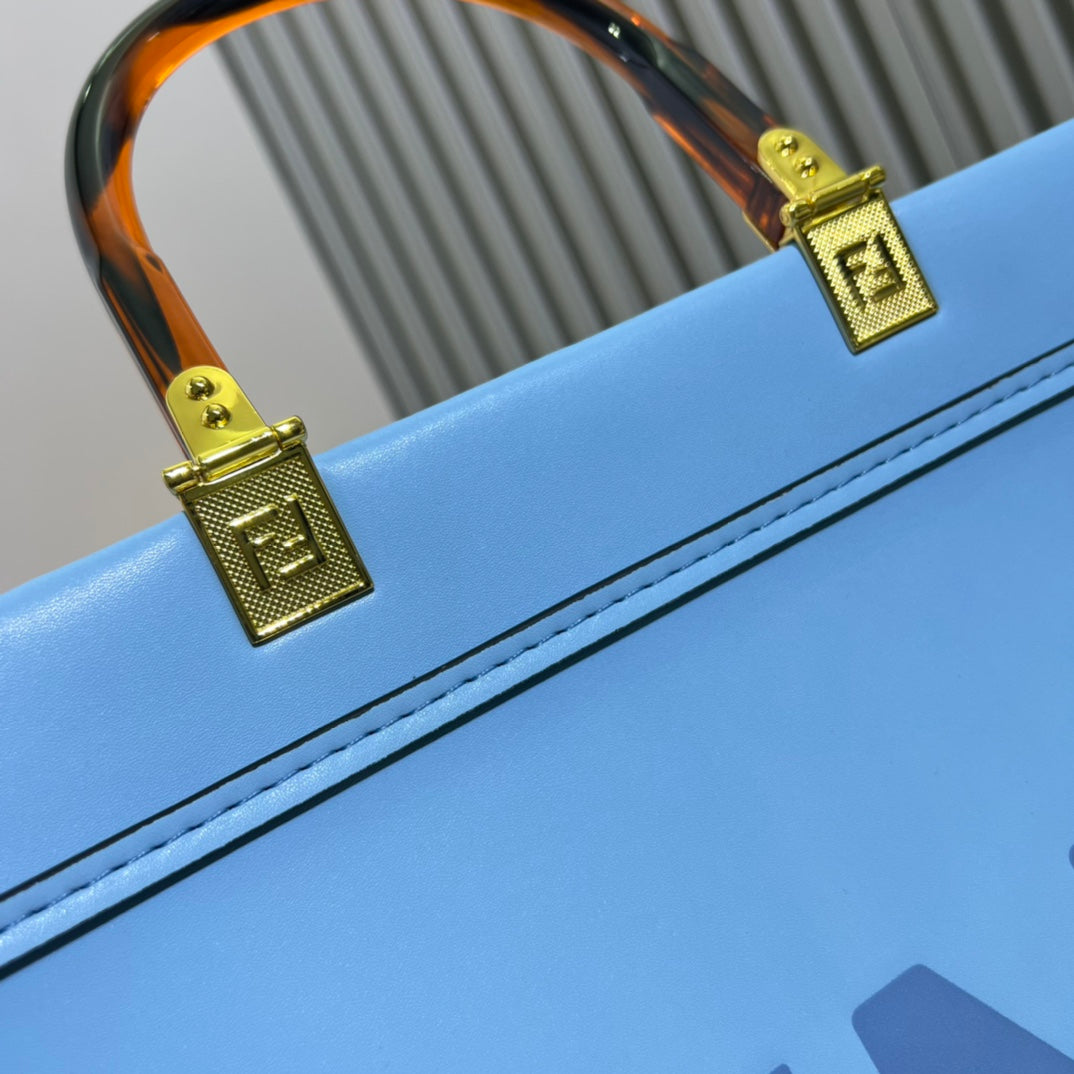 Fendi Sunshine Medium Light Blue Leather Tote Bag with Tortoiseshell Handles