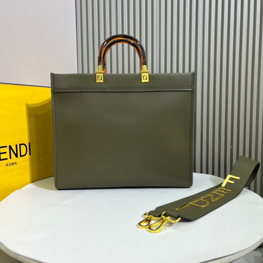 Fendi Sunshine Medium Shopper Bag - Olive Green Leather Tote with Fendi Roma Logo