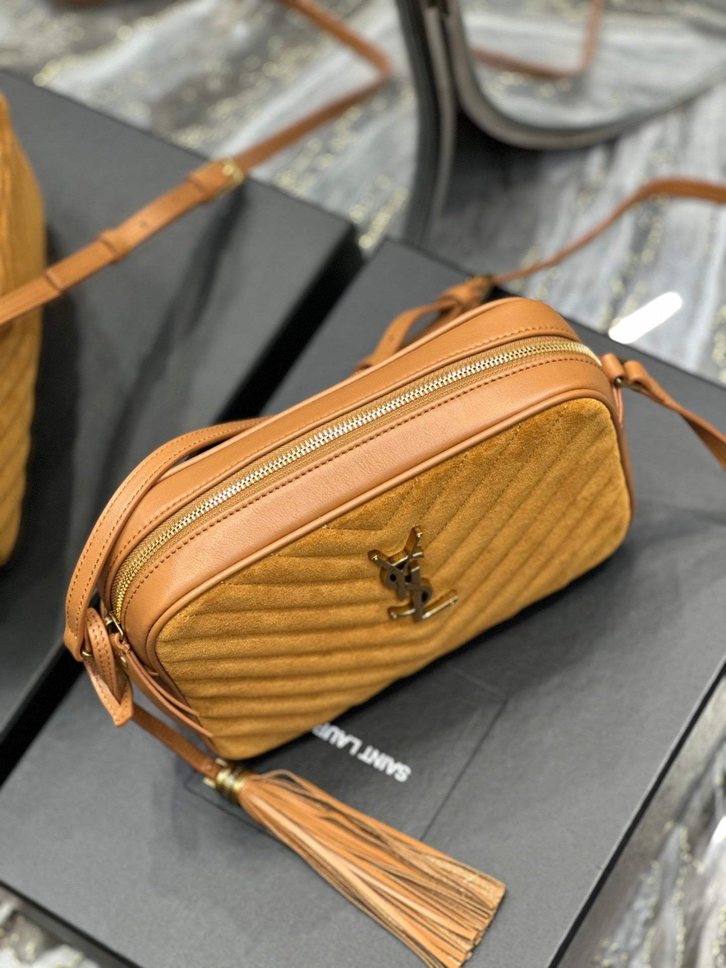 Saint Laurent Lou Medium Quilted Leather Camera Bag in Mustard Yellow