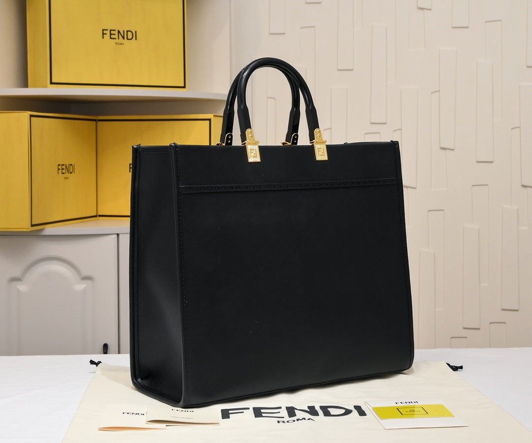 Fendace Black Leather Sunshine Shopper Tote Bag - Fendi x Versace Collaboration