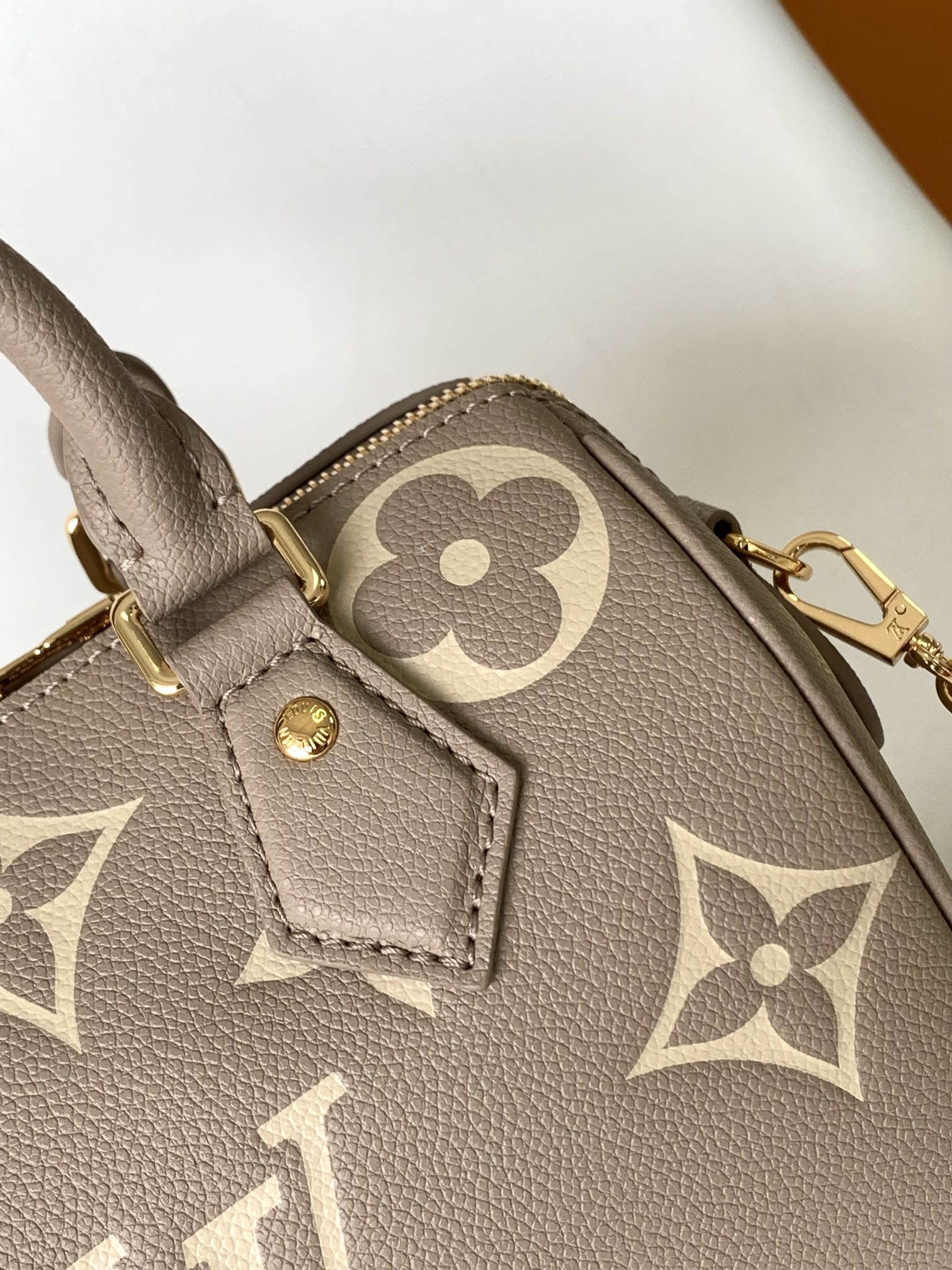 Louis Vuitton Taupe and Cream Leather Monogram Barrel Handbag with Chain Strap
