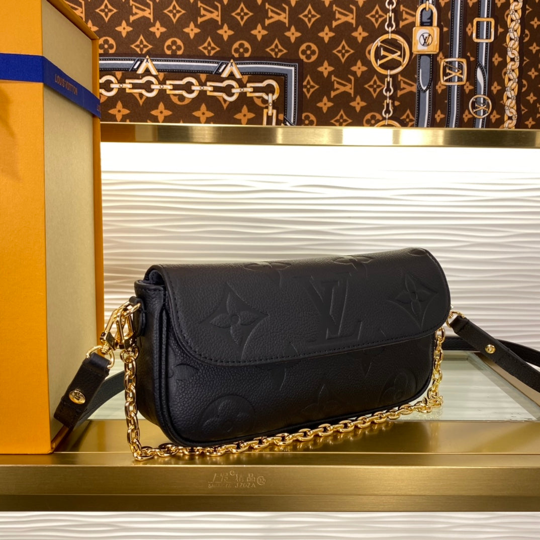 Louis Vuitton Black Embossed Leather Shoulder Bag with Gold Chain Strap