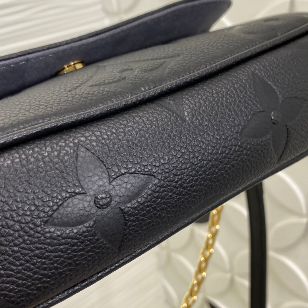 Louis Vuitton Black Embossed Leather Shoulder Bag with Gold Chain Strap
