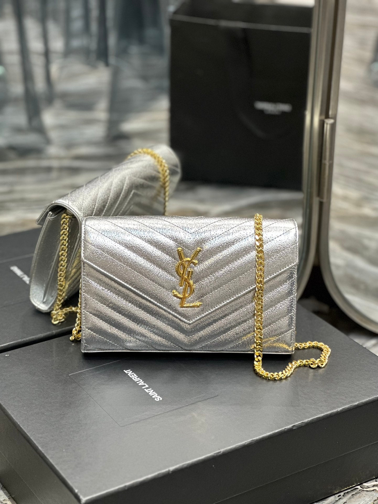 Saint Laurent Monogram Matelassé Leather Chain Wallet - Silver/Gold