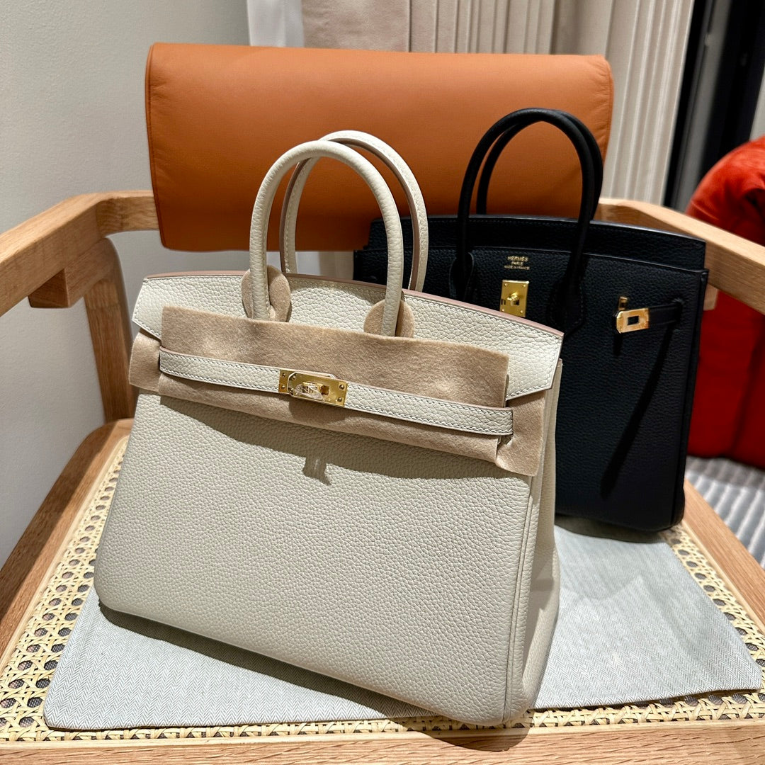 Luxury Genuine Leather Top-Handle Tote Bag - Elegant Birkin-Style Handbag in White and Black
