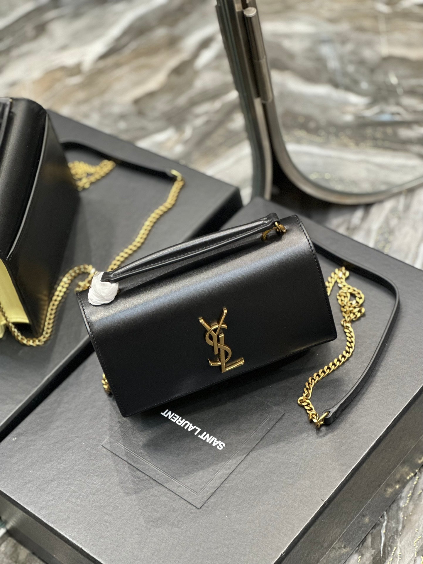 Saint Laurent YSL Kate Medium Shoulder Bag in Black Leather with Gold Hardware