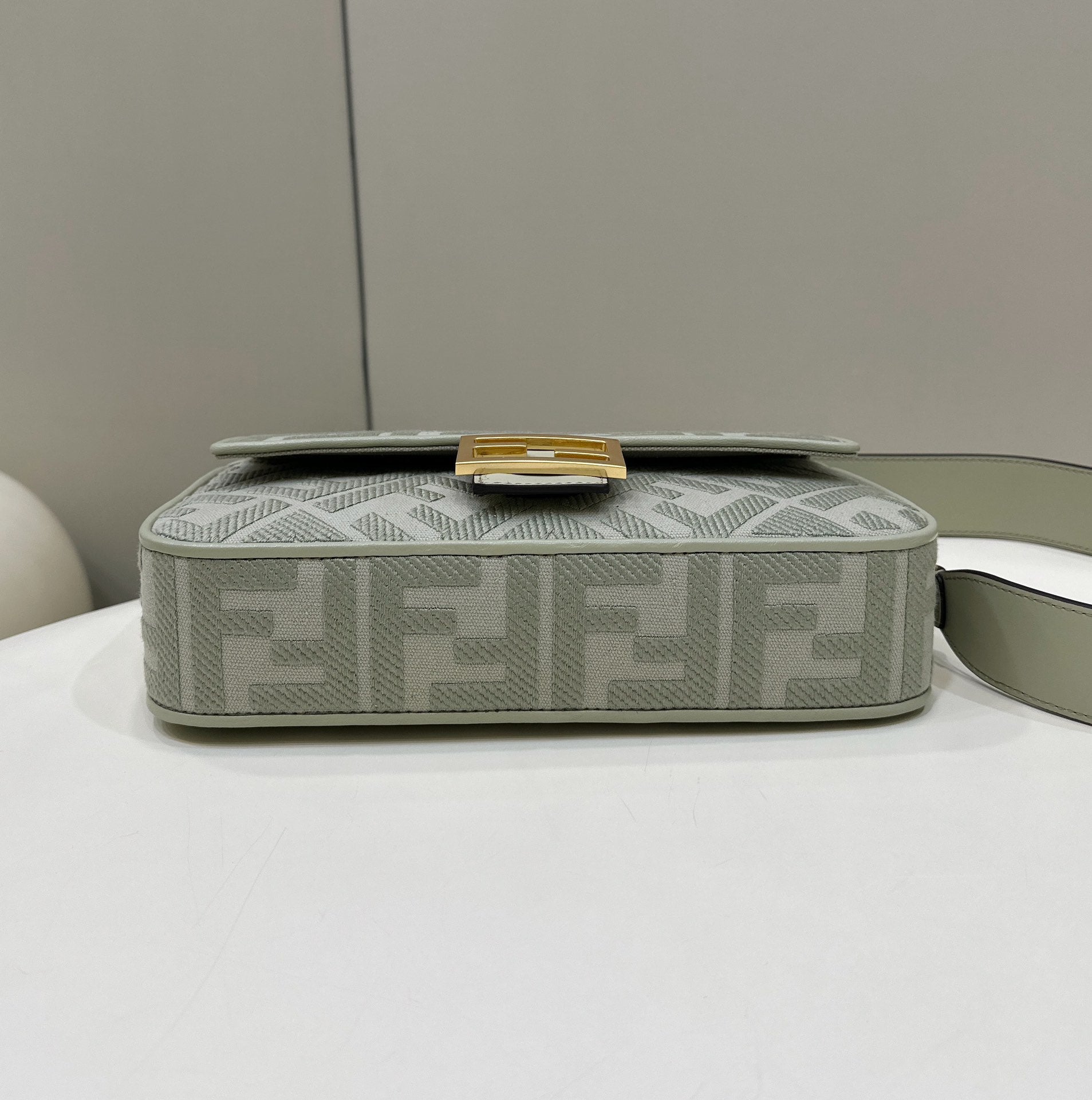 Fendi Baguette FF Embossed Fabric Shoulder Bag - Sage Green