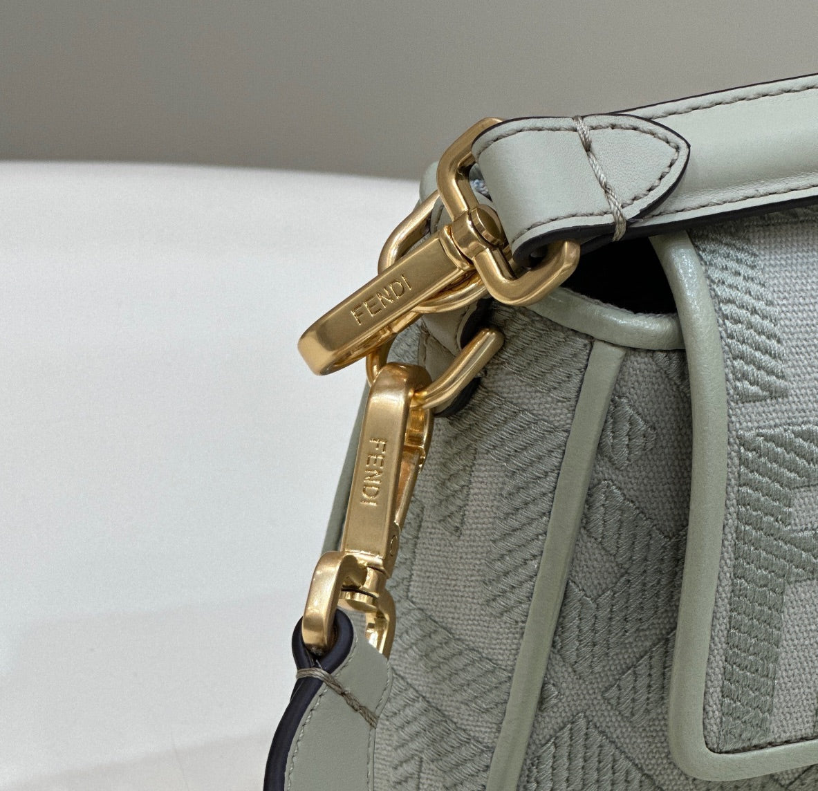 Fendi Baguette FF Embossed Fabric Shoulder Bag - Sage Green